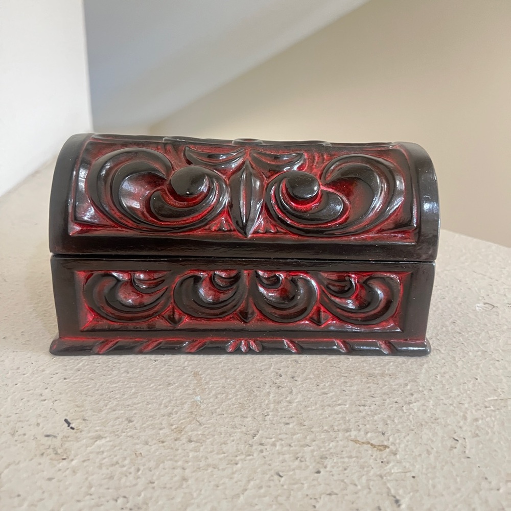 Vintage 1960s Hand Curved Decorative Box Ceramic Jewelry Red Black Marked